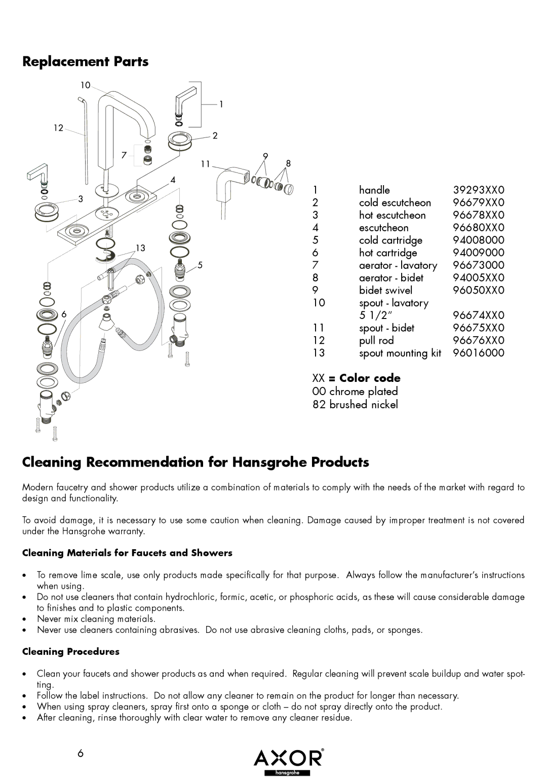 Axor 39236XX1, 39136XX1, 39156XX1 installation instructions Replacement Parts, Cleaning Recommendation for Hansgrohe Products 