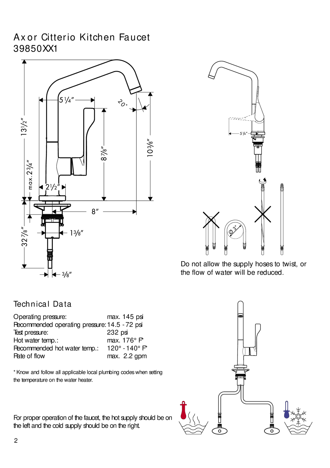 Axor 39850XX1 installation instructions Axor Citterio Kitchen Faucet, Technical Data 