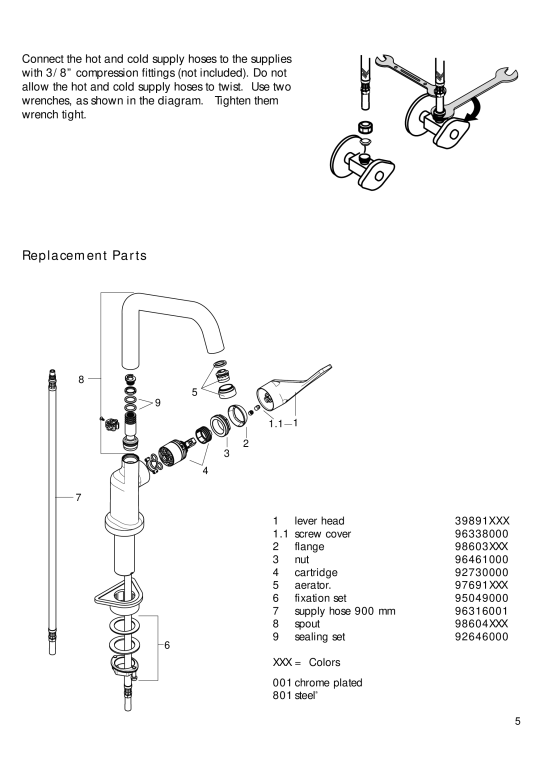 Axor 39850XX1 installation instructions Replacement Parts 