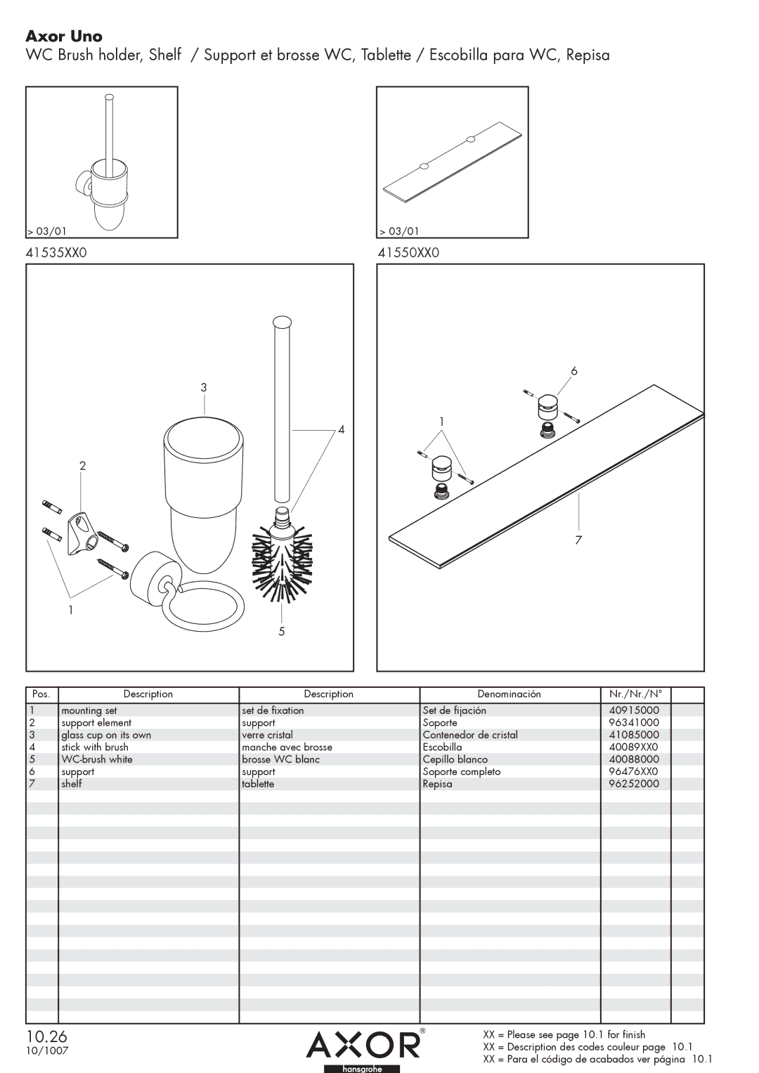 Axor 41085000, 40089XX0, 40088000 manual Axor Uno, 10.26, 41535XX0 41550XX0 