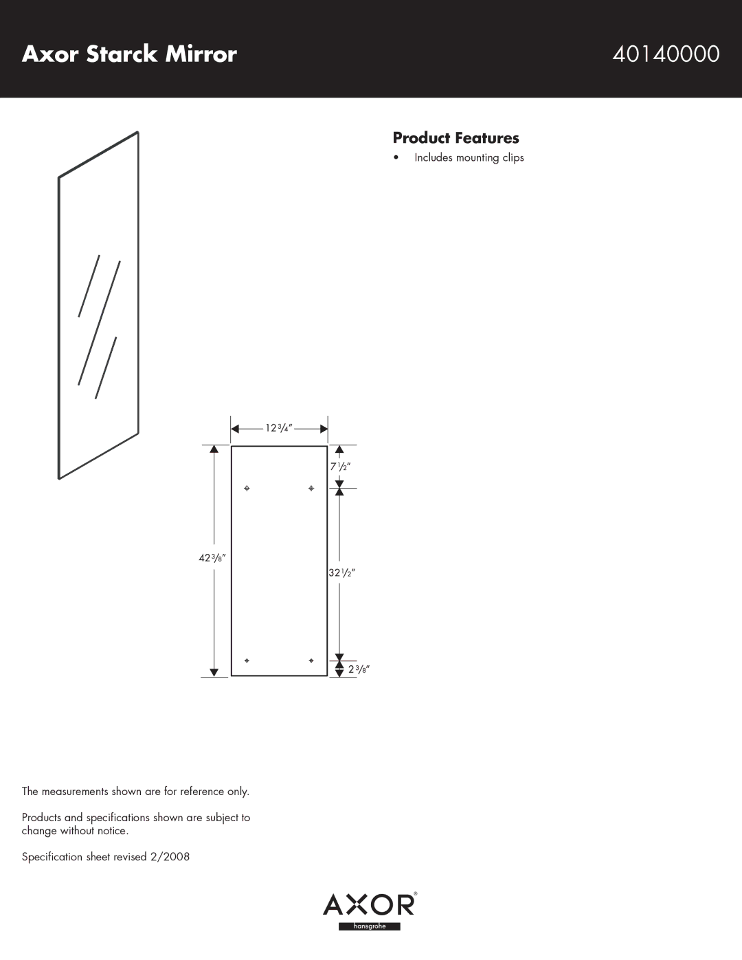 Axor specifications Axor Starck Mirror 40140000, Product Features 