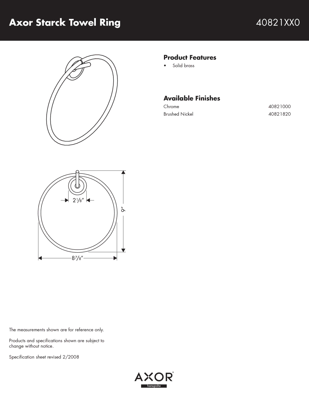 Axor 40821000, 40821820 specifications Axor Starck Towel Ring 40821XX0, Product Features, Available Finishes 