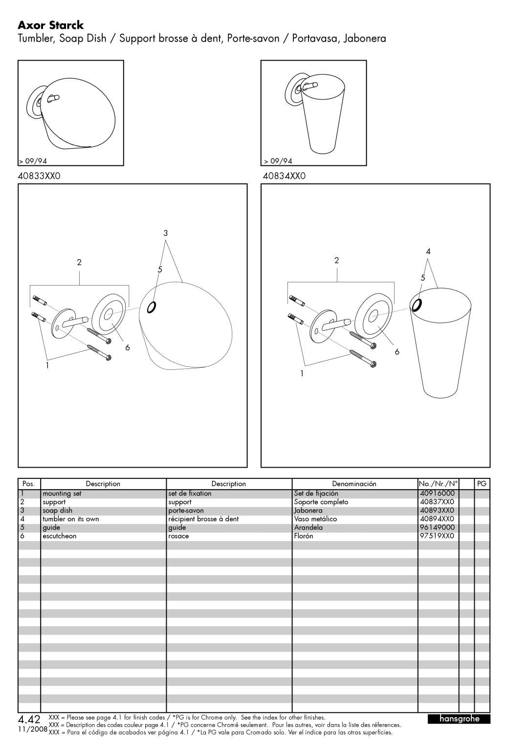 Axor 40833XX0 manual Axor Starck, 40834XX0 