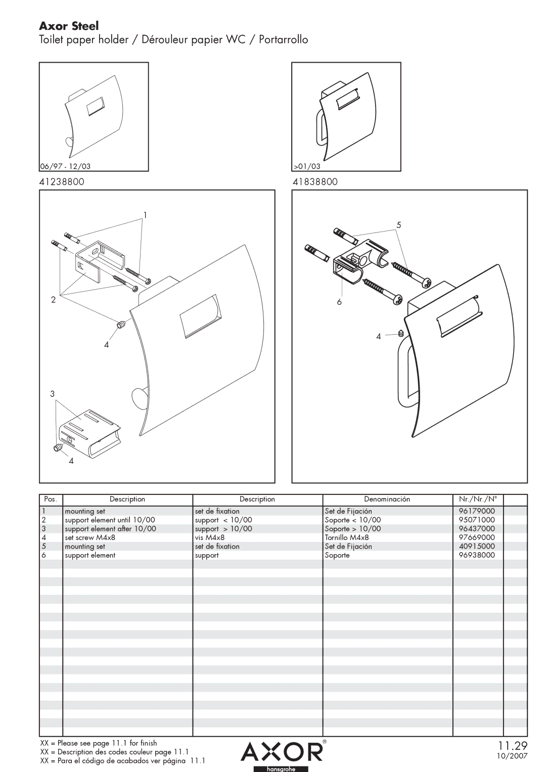 Axor manual Axor Steel, Toilet paper holder / Dérouleur papier WC / Portarrollo, 11.29, 41238800 41838800 