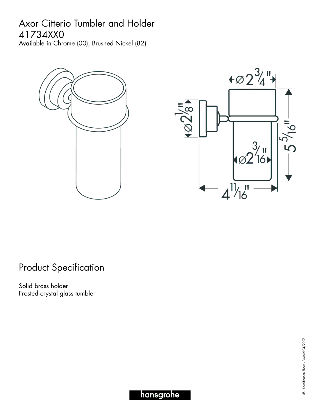 Axor 41734XX0 specifications Axor Citterio Tumbler and Holder 