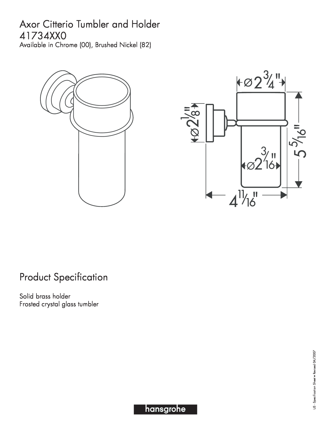 Axor 41734XX0 specifications Axor Citterio Tumbler and Holder, Product Specification 