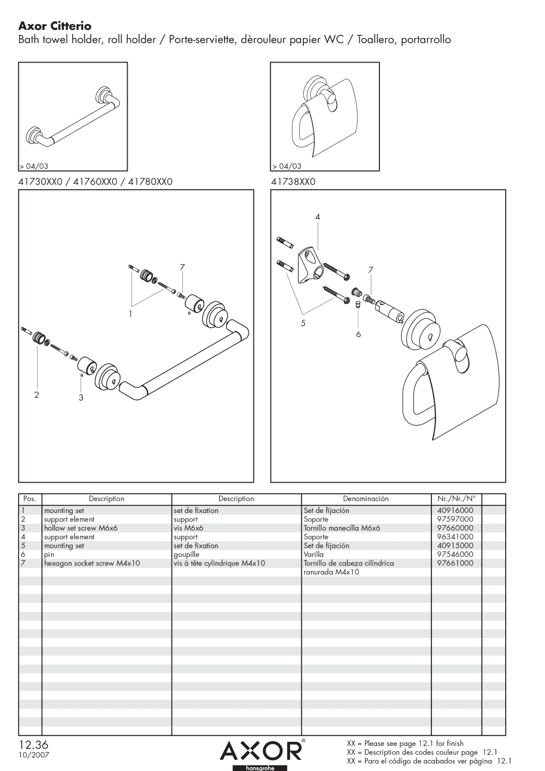 Axor manual Axor Citterio, 12.36, 41730XX0 / 41760XX0 41738XX0 