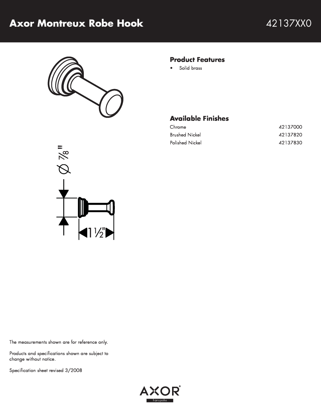 Axor 42137XX0 specifications Axor Montreux Robe Hook, Product Features, Available Finishes 