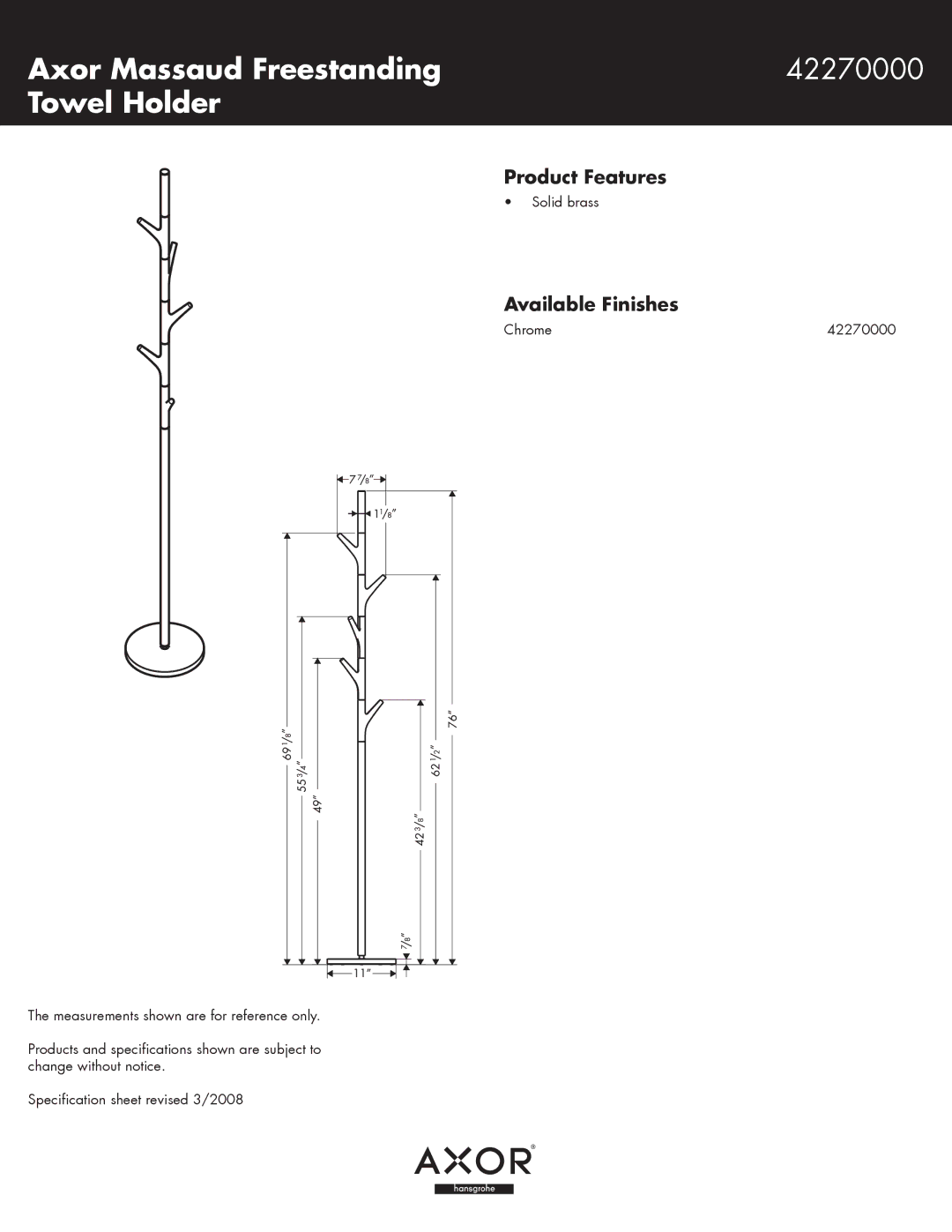 Axor specifications Axor Massaud Freestanding 42270000 Towel Holder, Product Features, Available Finishes 