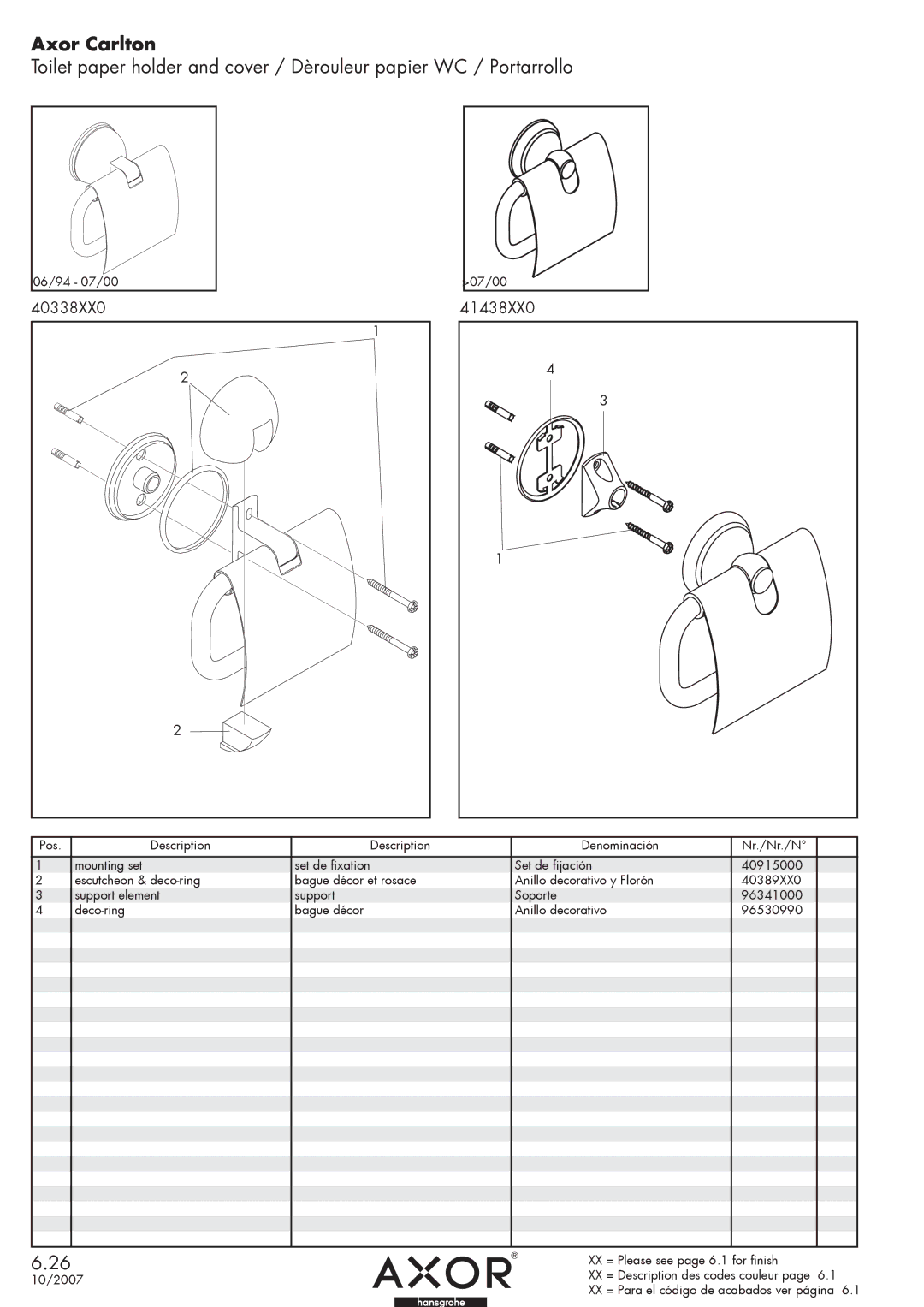 Axor 4438XX0 manual Axor Carlton, 40338XX0 41438XX0 