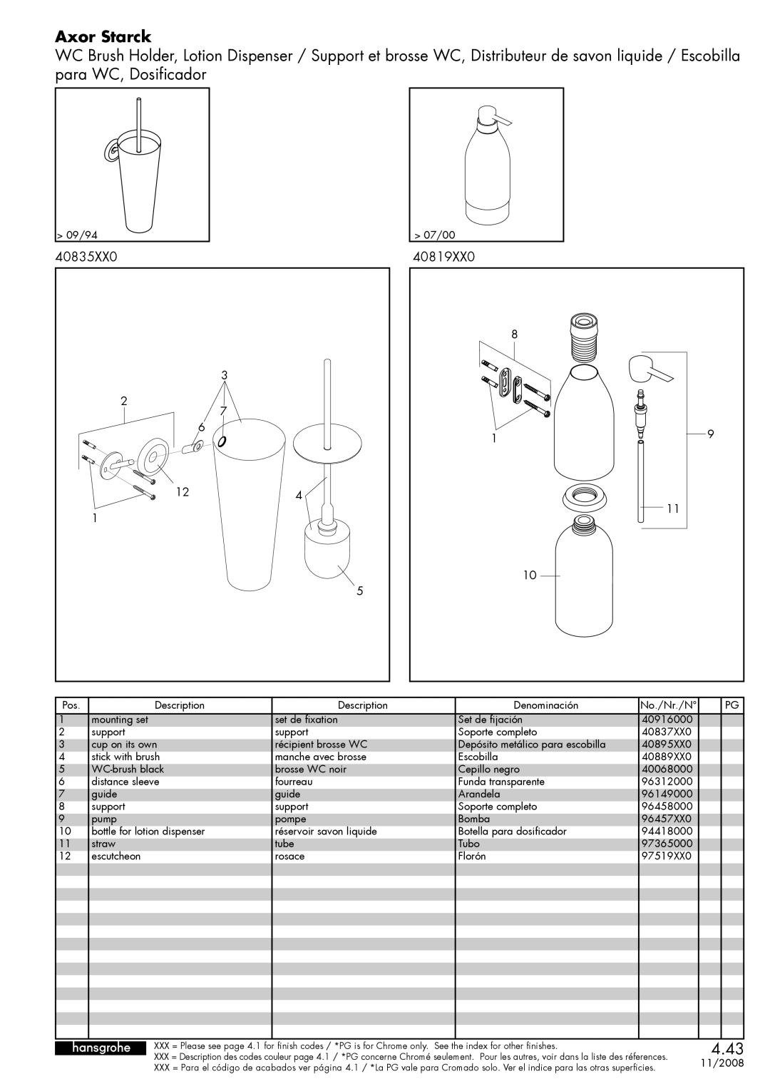 Axor 96458000, 97365000, 9759XX0, 9649000, 9632000, 9448000 manual Axor Starck, 40835XX0 40819XX0, 09/94 07/00, 11/2008 