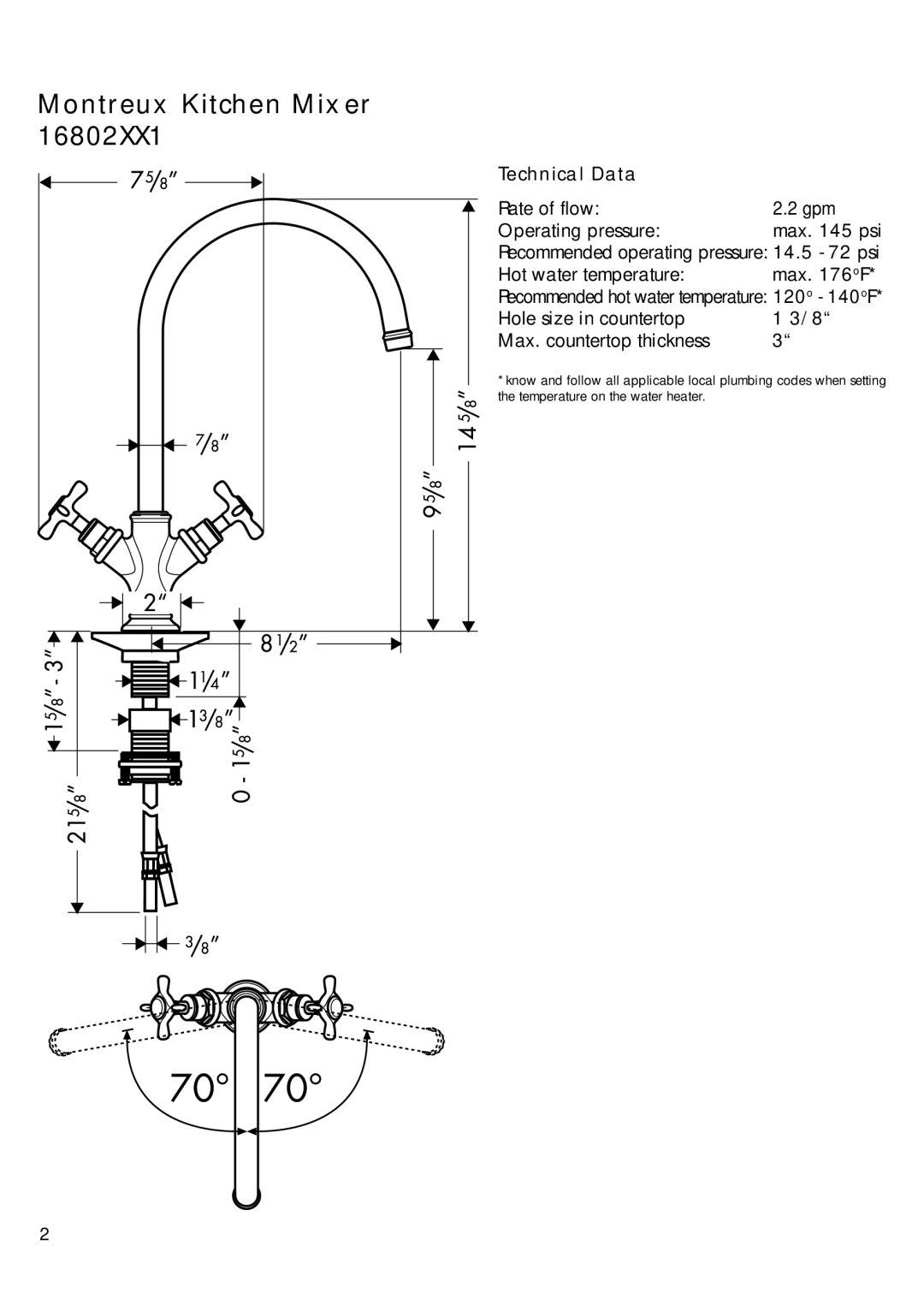 Axor 97987000, 98616XXX, 97997001, 13961000, 13898000 installation instructions Montreux Kitchen Mixer, Technical Data 