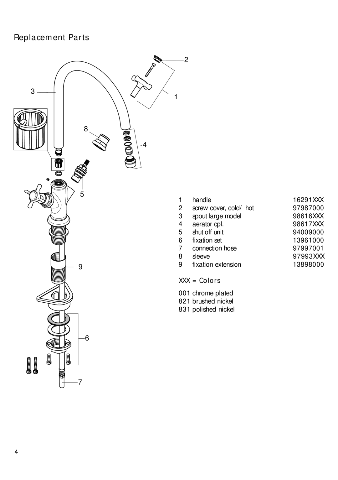 Axor 13898000, 98616XXX, 97997001, 97987000, 13961000 installation instructions Replacement Parts, XXX = Colors 