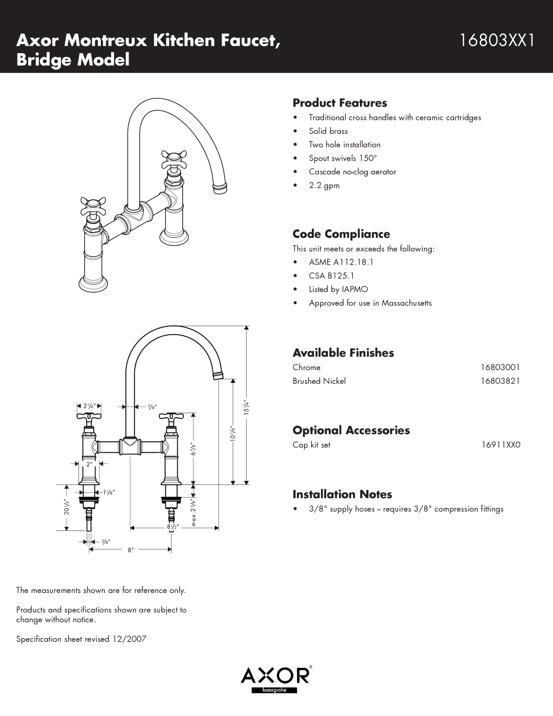 Axor 16803821, 16803001 specifications Axor Montreux Kitchen Faucet 16803XX1 Bridge Model 