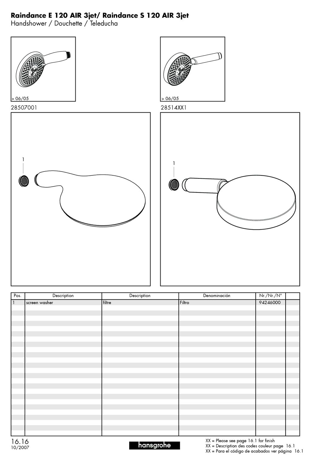 Axor manual Raindance E 120 AIR 3jet/ Raindance S 120 AIR 3jet, Handshower / Douchette / Teleducha, 16.16 