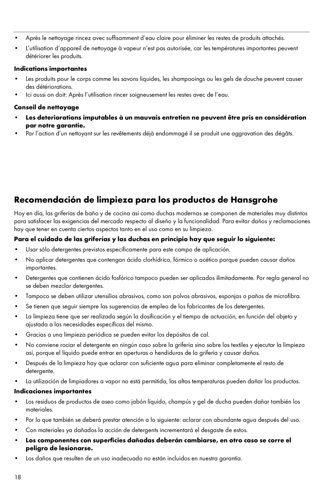 Axor S 350 AIR warranty Recomendación de limpieza para los productos de Hansgrohe 