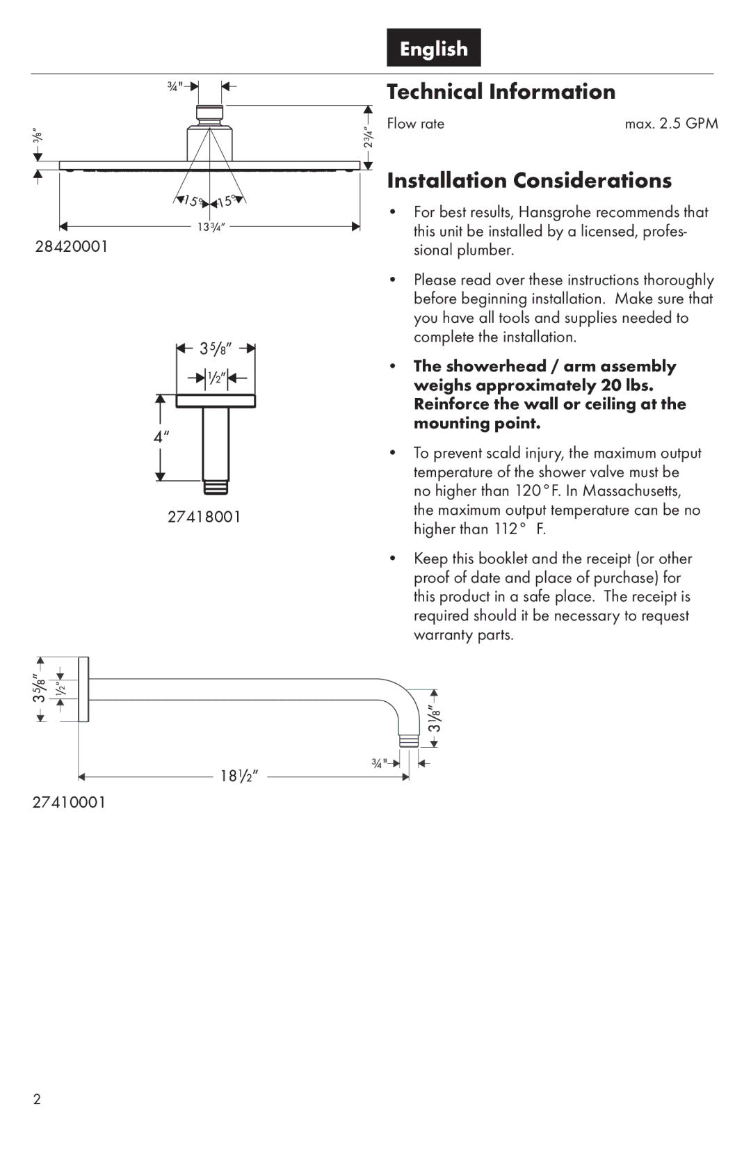 Axor S 350 AIR warranty Technical Information, Installation Considerations 