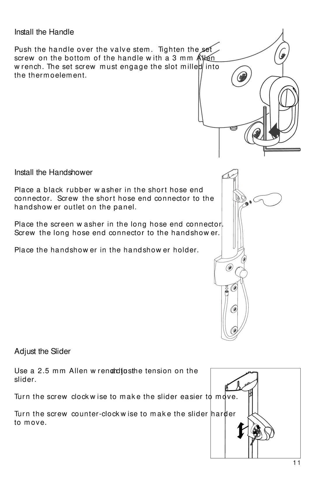 Axor Showerpanel installation instructions Install the Handle, Install the Handshower, Adjust the Slider 