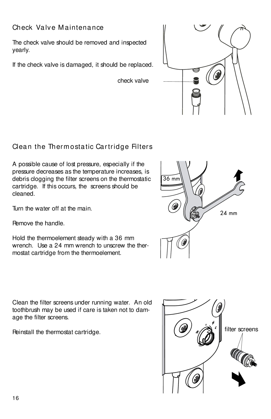 Axor Showerpanel installation instructions Check Valve Maintenance, Clean the Thermostatic Cartridge Filters 