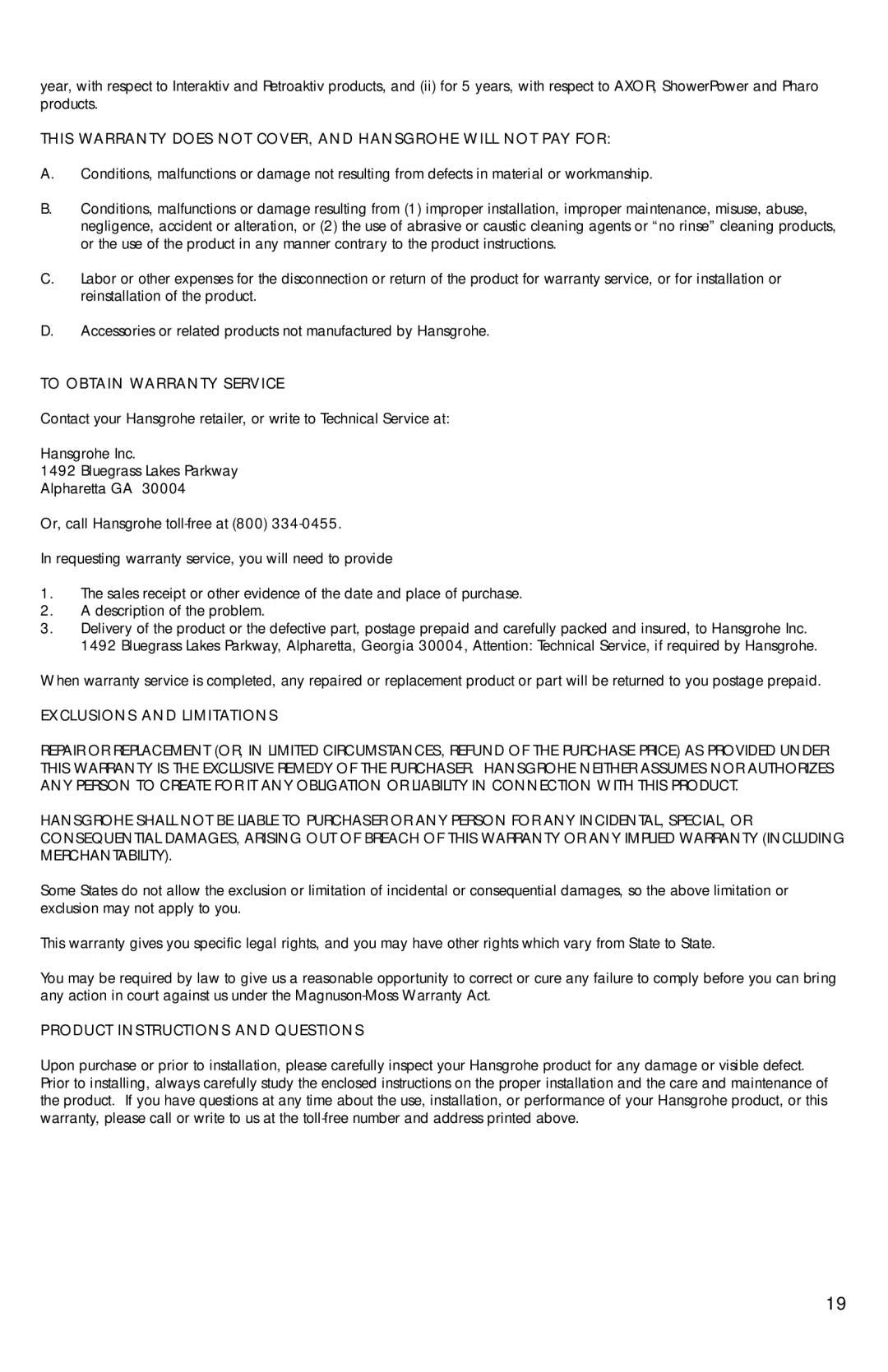 Axor Showerpanel installation instructions This Warranty does not COVER, and Hansgrohe will not PAY for 