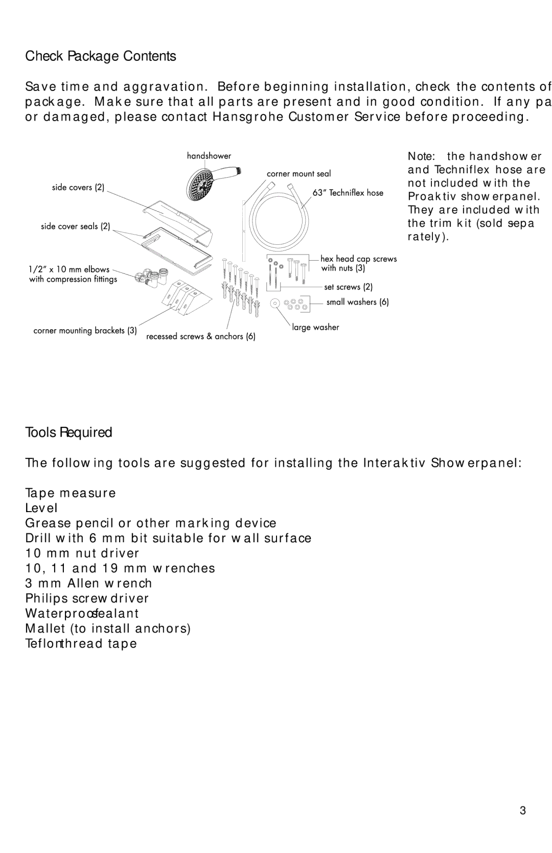 Axor Showerpanel installation instructions Check Package Contents, Tools Required 