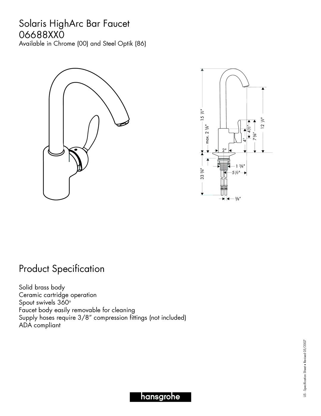 Axor specifications Solaris HighArc Bar Faucet, Product Specification 