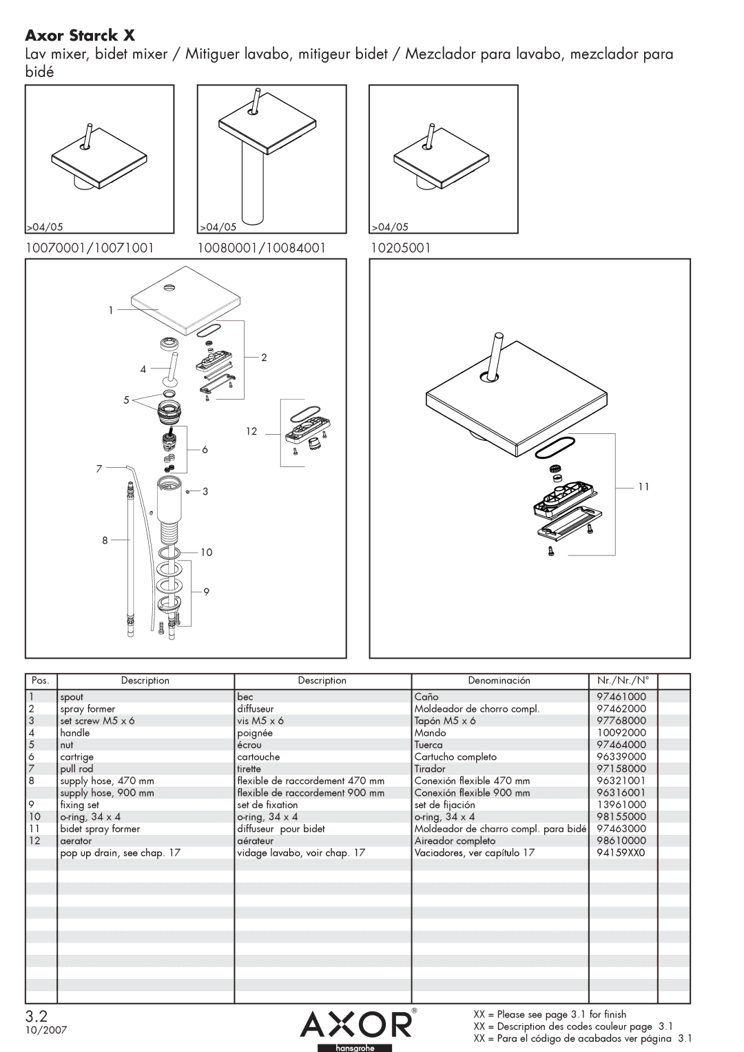 Axor Starck X manual Axor Starck, 10070001/10071001 10080001/10084001, 10205001 