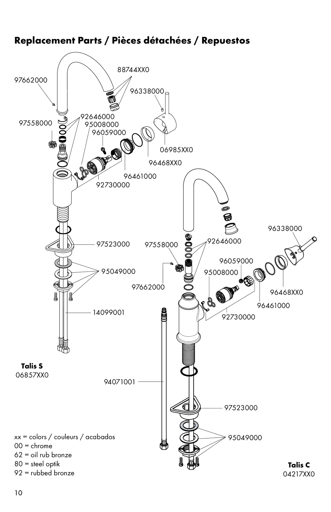 Axor Talis S 04287XX0, Talis S 06857XX0, Talis C 04217XX0 Replacement Parts / Pièces détachées / Repuestos 