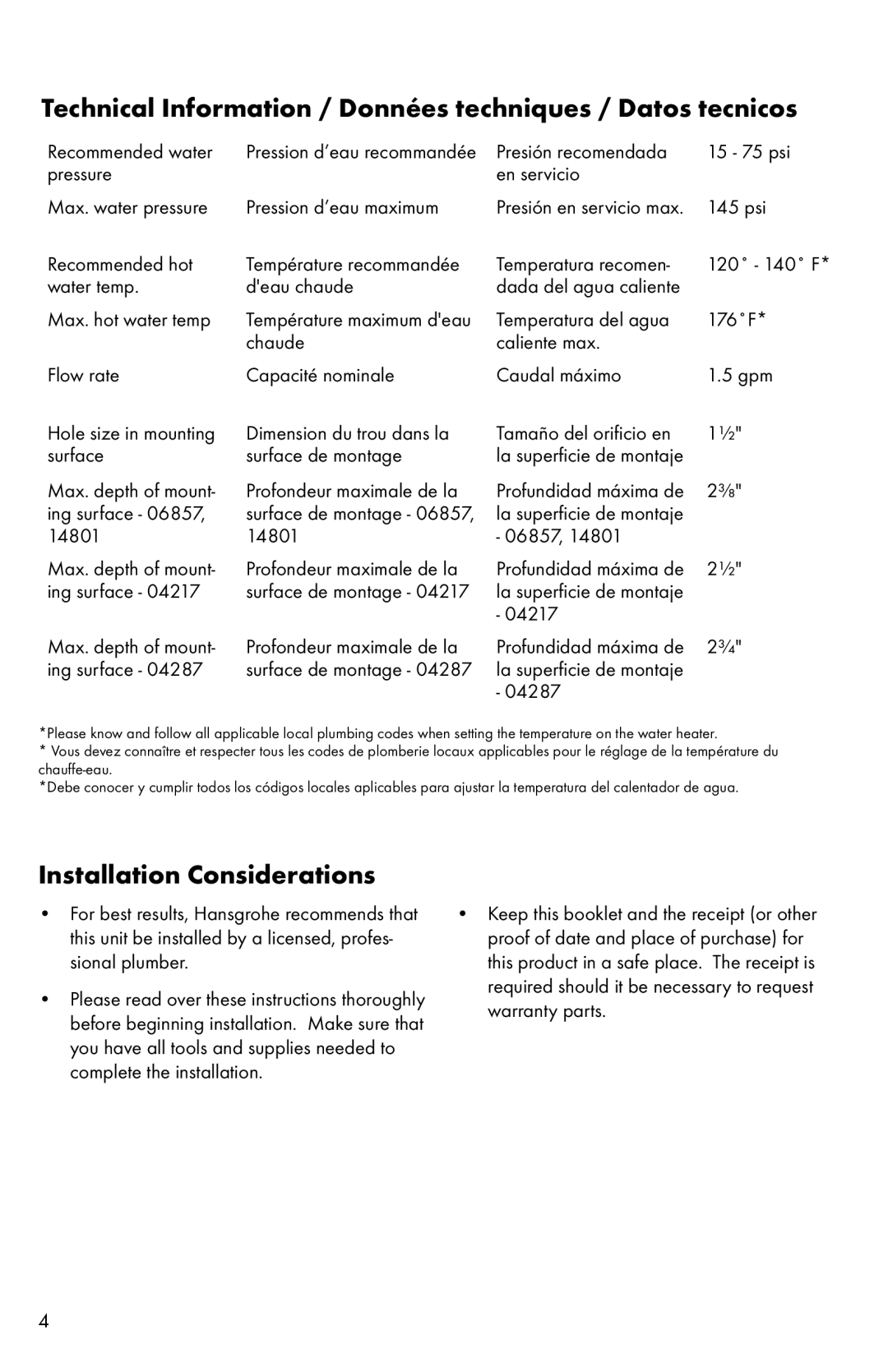 Axor Talis S 06857XX0 Technical Information / Données techniques / Datos tecnicos, Installation Considerations 