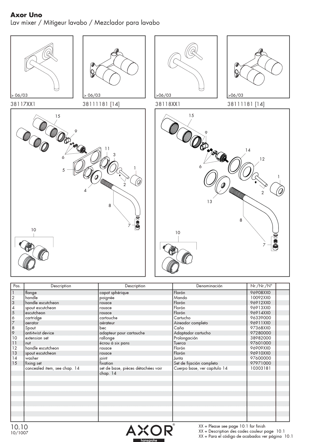 Axor manual Axor Uno, Lav mixer / Mitigeur lavabo / Mezclador para lavabo, 10.10, 38117XX1 38111181, 38118XX1 38111181 