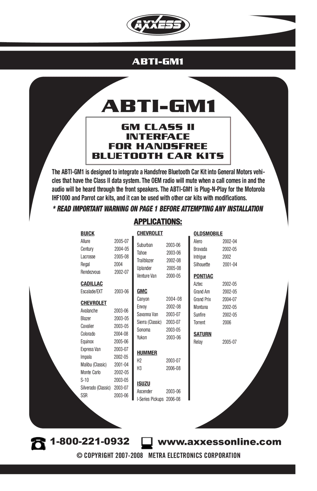 Axxess Interface ABTI-GM1 manual GM Class Interface For Handsfree Bluetooth CAR Kits 