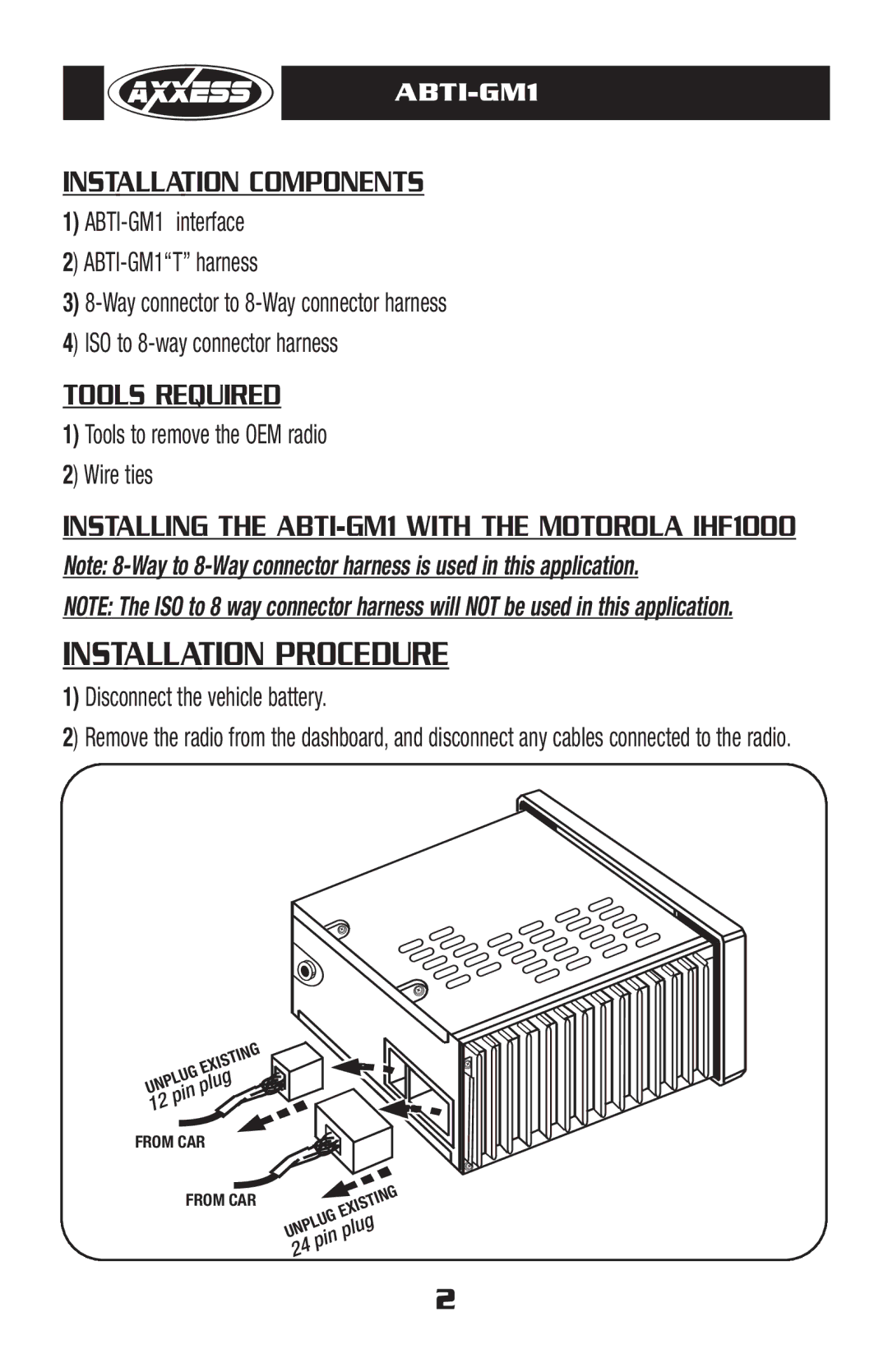 Axxess Interface ABTI-GM1 manual Installation Procedure, Installation Components 