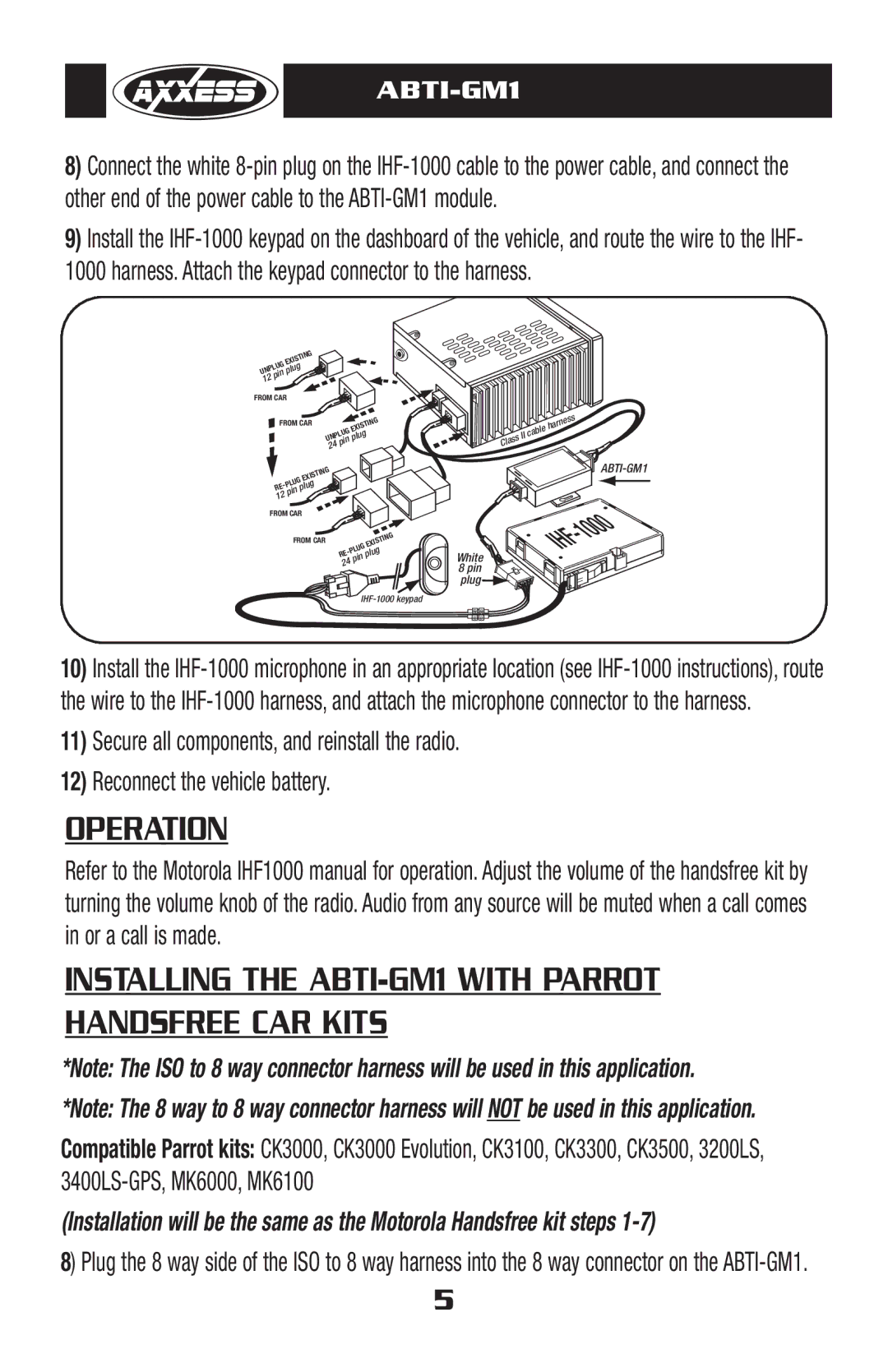 Axxess Interface manual Operation, Installing the ABTI-GM1 with Parrot Handsfree CAR Kits 