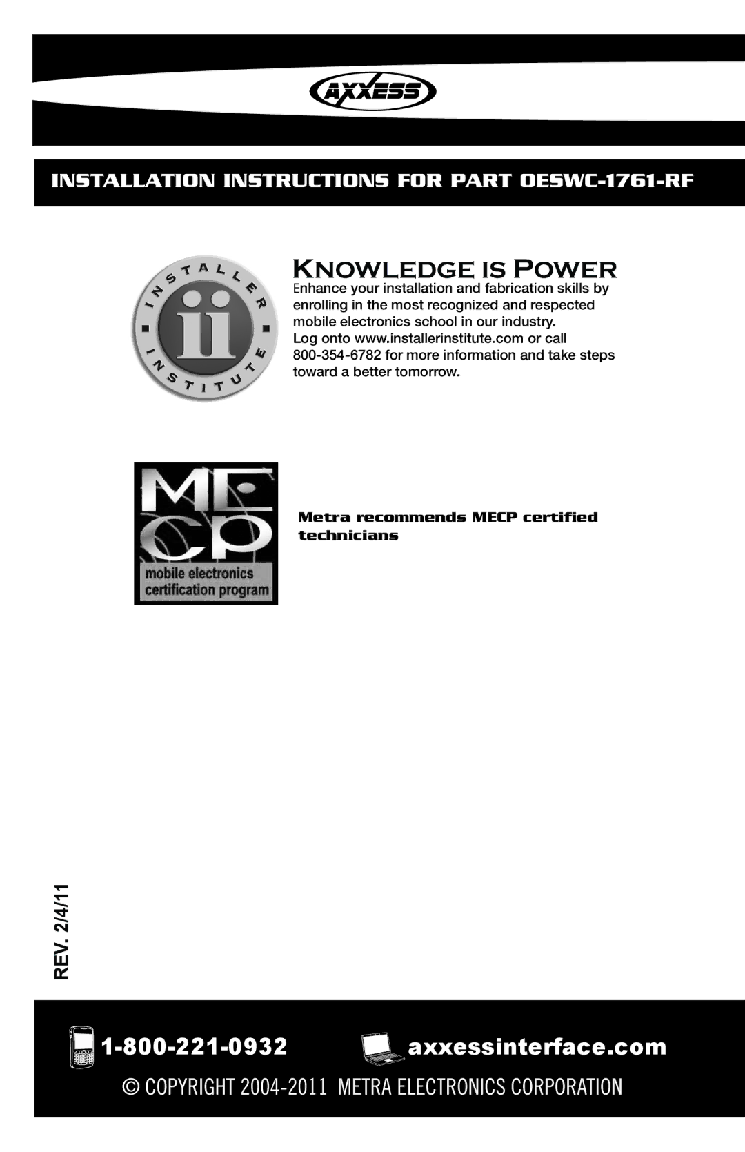 Axxess Interface OESWC-1761-RF installation instructions Knowledge is Power 