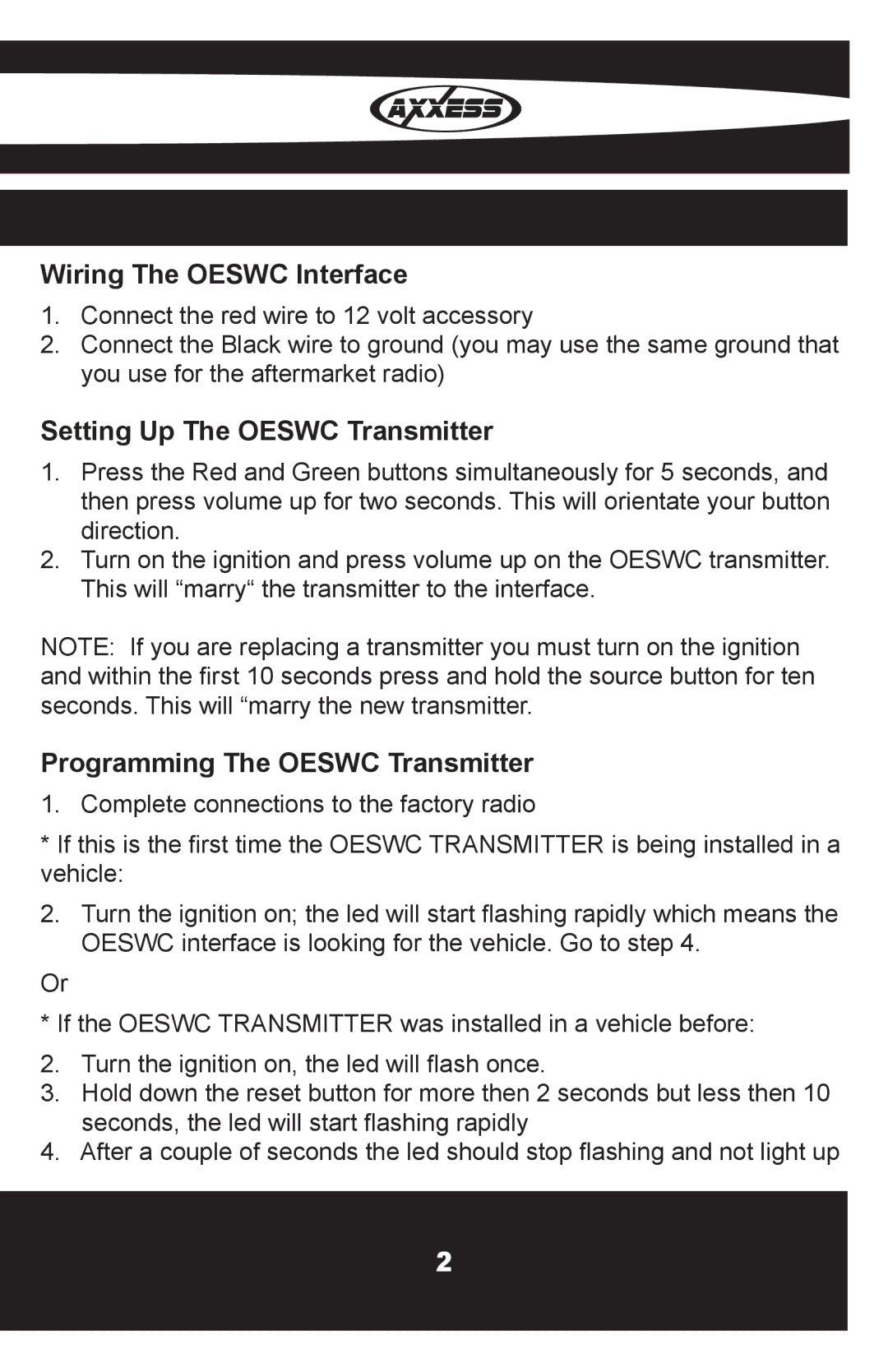 Axxess Interface OESWC-7552-RF installation instructions Wiring The Oeswc Interface, Setting Up The Oeswc Transmitter 