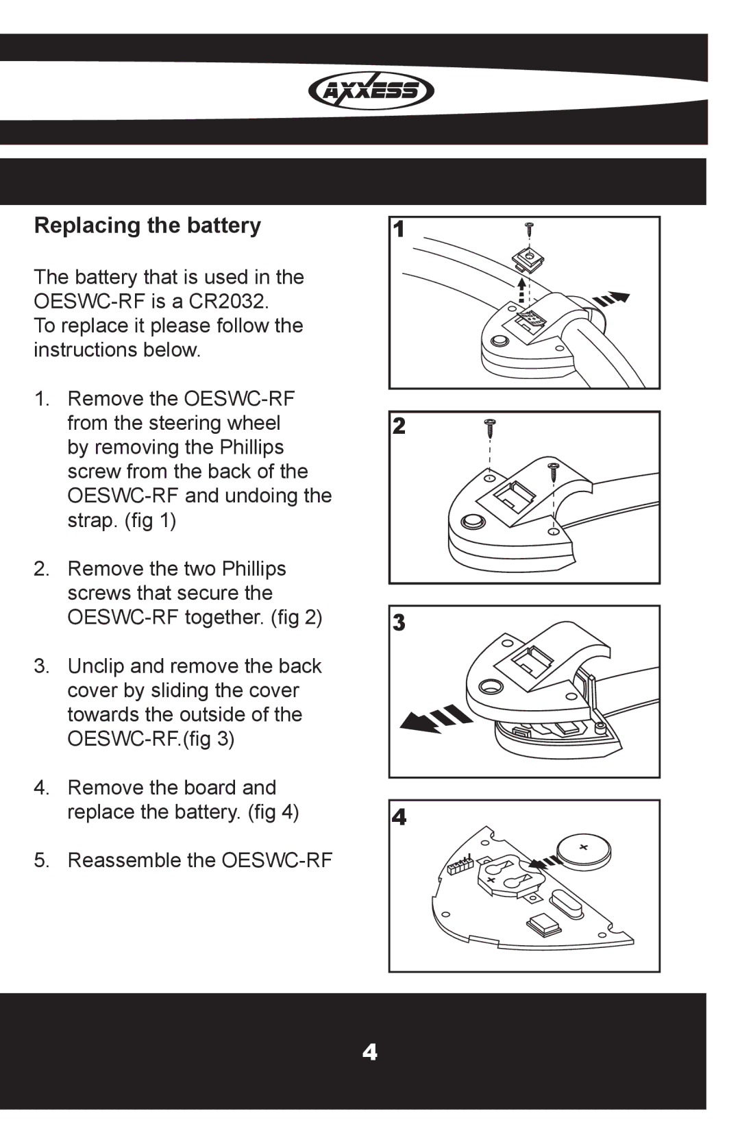 Axxess Interface OESWC-7552-RF installation instructions Replacing the battery 