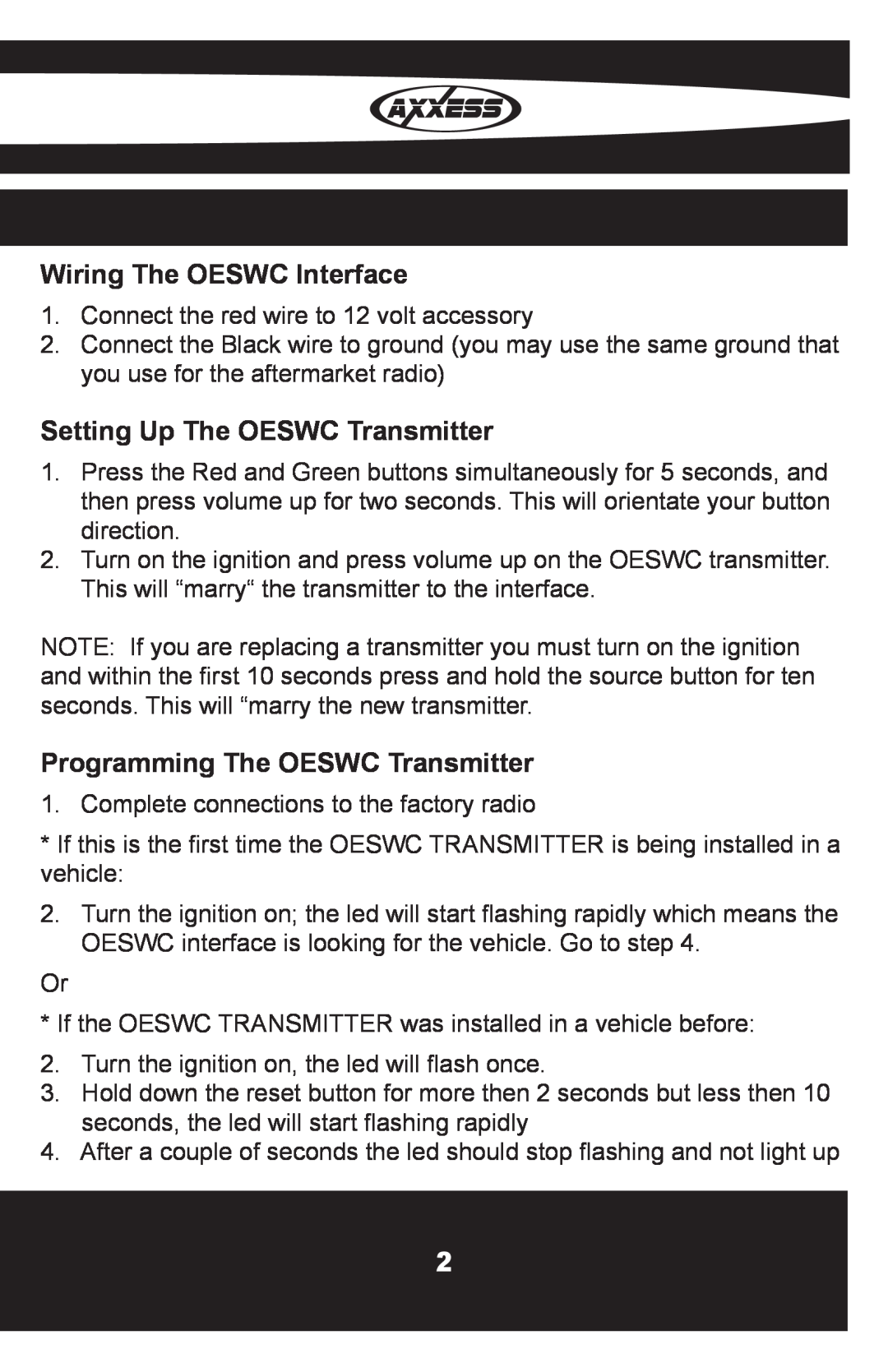 Axxess Interface OESWC-7552-RF installation instructions Wiring The OESWC Interface, Setting Up The OESWC Transmitter 