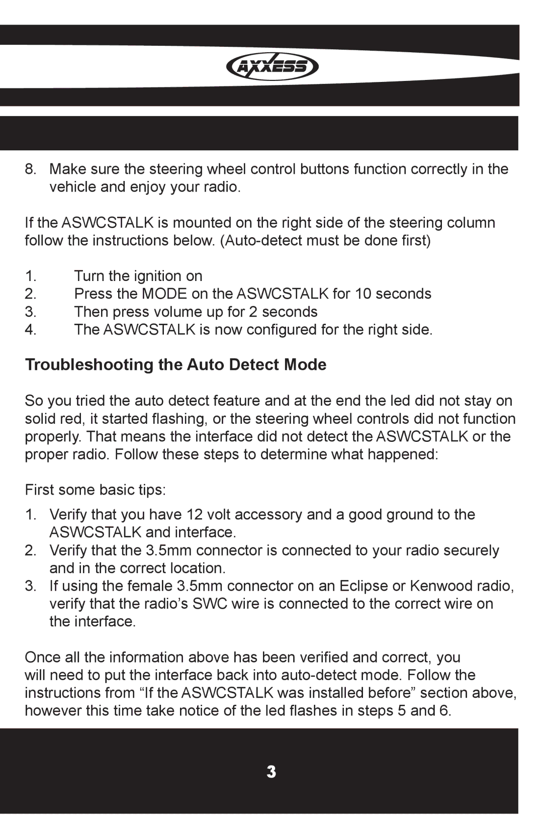 Axxess Interface OESWC-7552-STK installation instructions Troubleshooting the Auto Detect Mode 