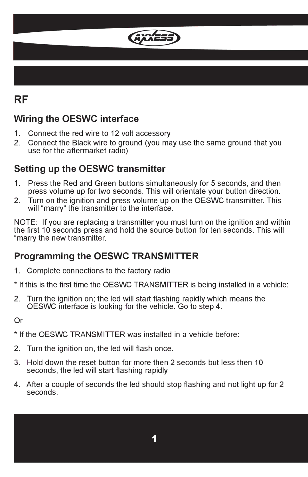 Axxess Interface OESWC-CLASS2H installation instructions Wiring the Oeswc interface, Setting up the Oeswc transmitter 