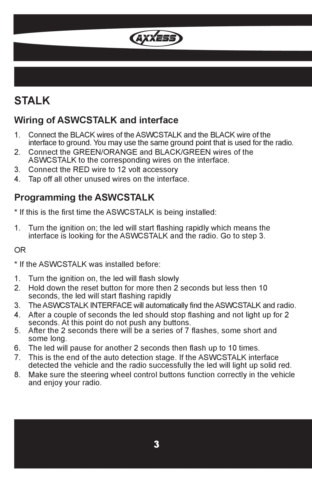 Axxess Interface OESWC-CLASS2H installation instructions Wiring of Aswcstalk and interface, Programming the Aswcstalk 