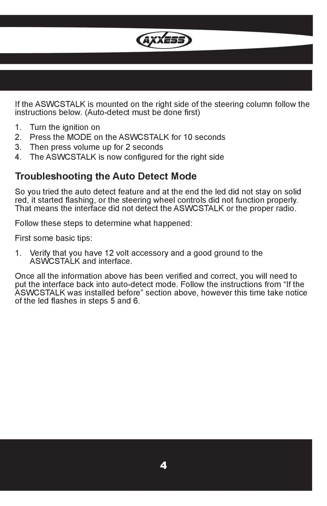 Axxess Interface OESWC-CLASS2H installation instructions Troubleshooting the Auto Detect Mode 