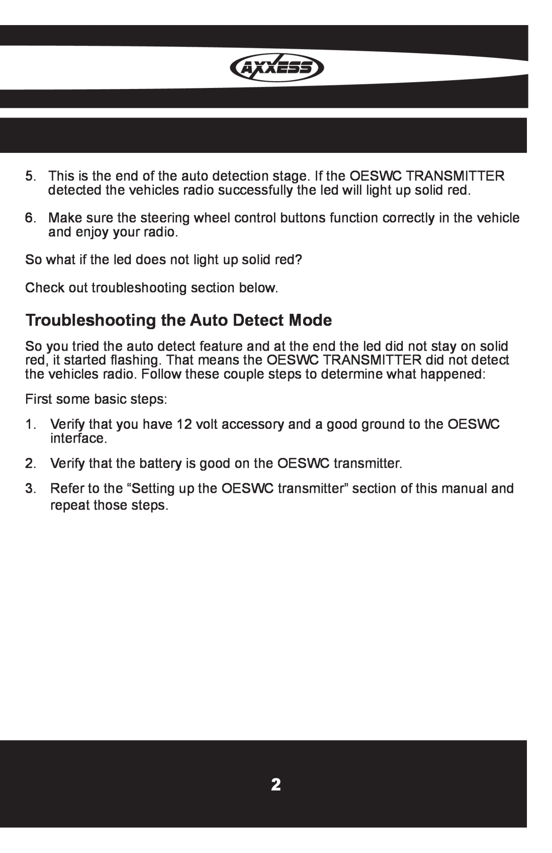 Axxess Interface OESWC-CLASS2H installation instructions Troubleshooting the Auto Detect Mode 