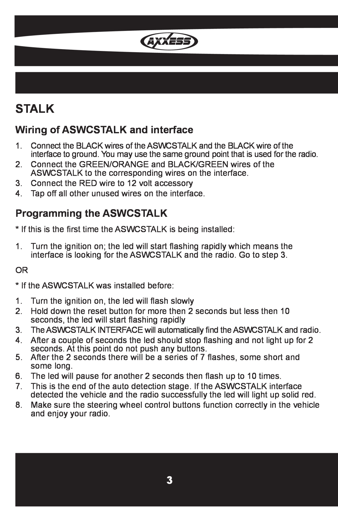 Axxess Interface OESWC-CLASS2H Stalk, Wiring of ASWCSTALK and interface, Programming the ASWCSTALK 