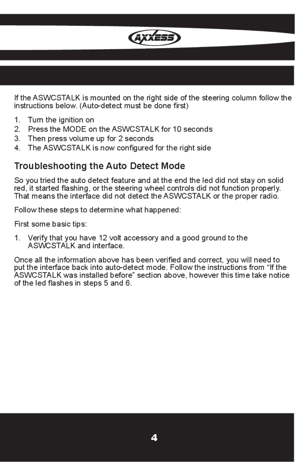 Axxess Interface OESWC-LAN29H installation instructions Troubleshooting the Auto Detect Mode 