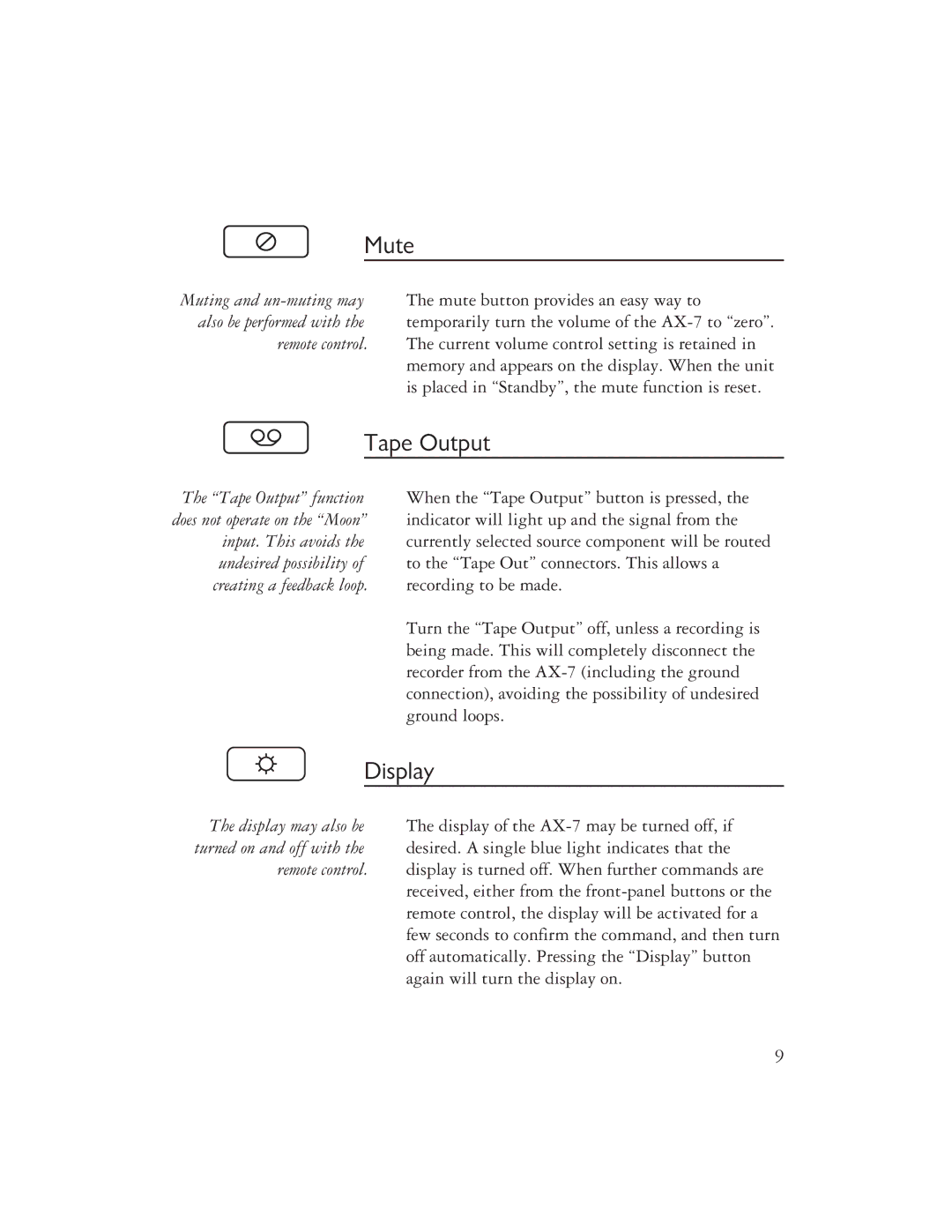 Ayre Acoustics AX-7 owner manual Mute, Tape Output, Display 