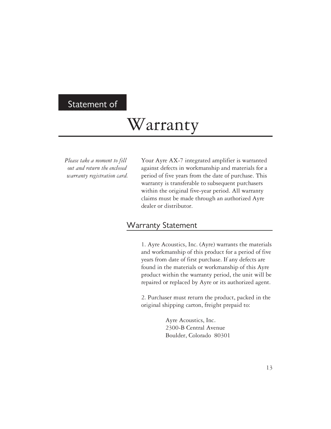 Ayre Acoustics AX-7 owner manual Warranty Statement 