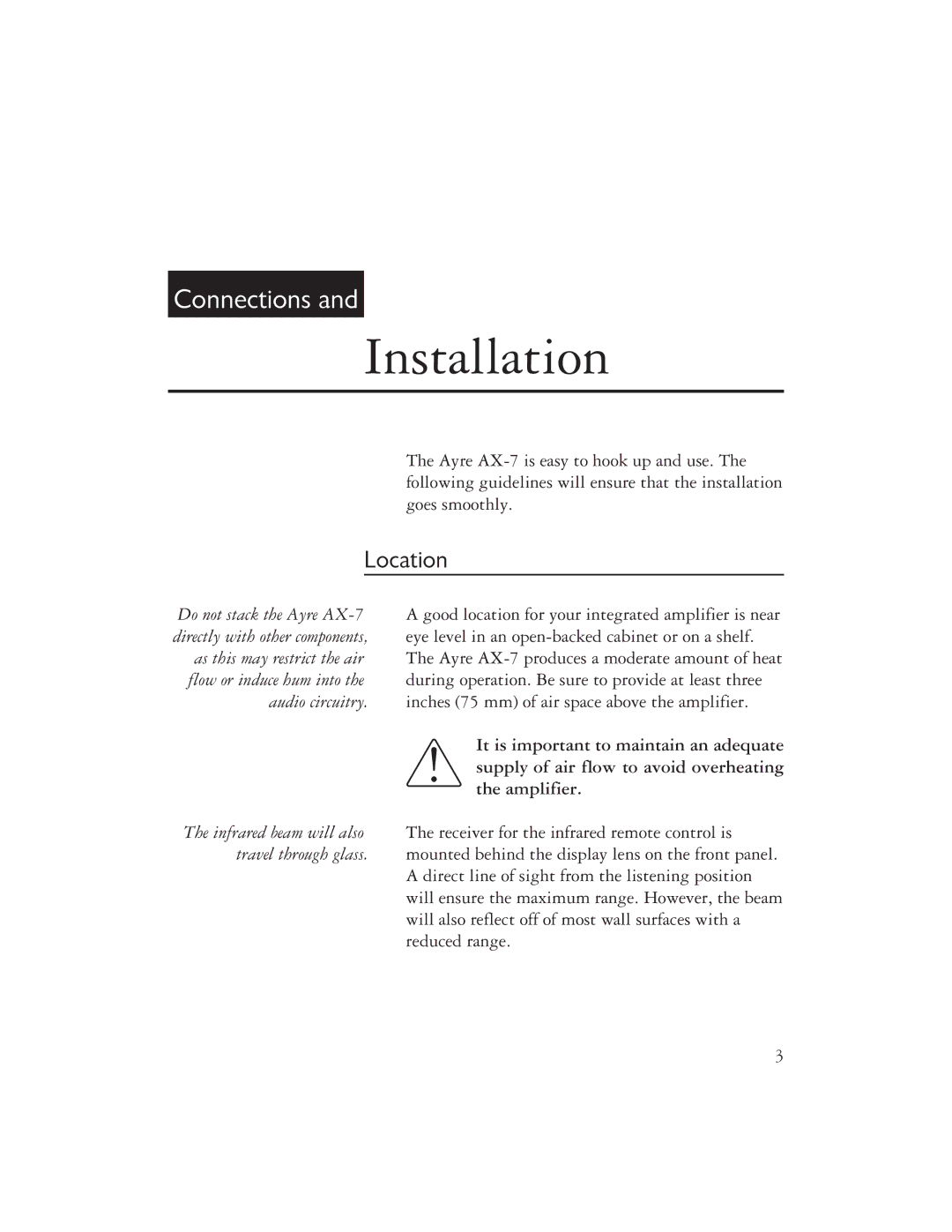 Ayre Acoustics AX-7 owner manual Installation, Location 