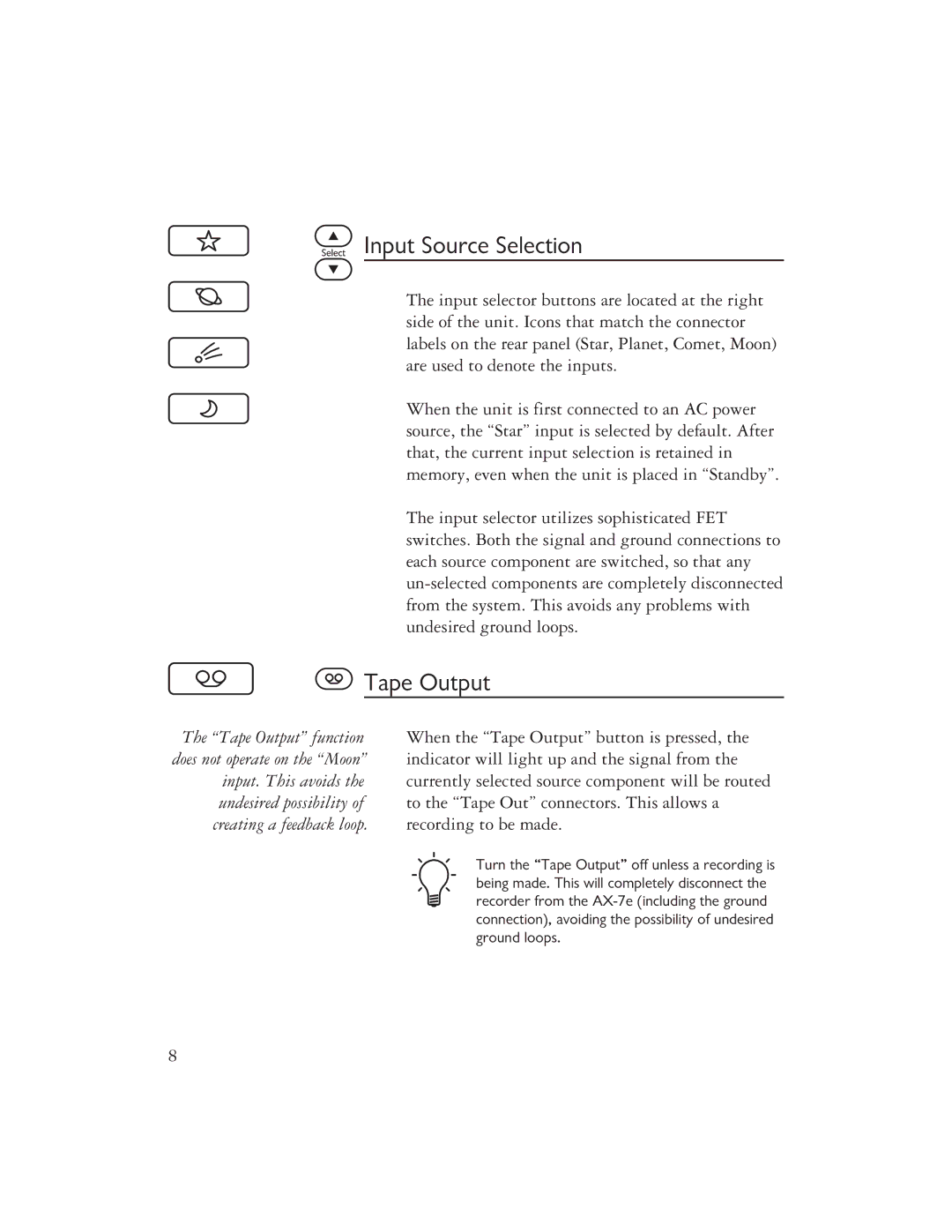 Ayre Acoustics AX-7E owner manual Input Source Selection, Tape Output 