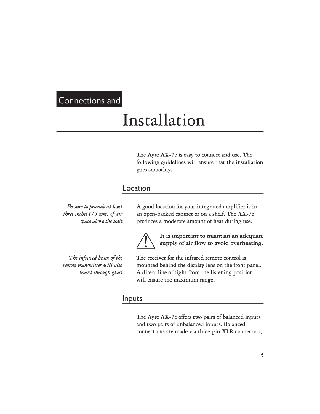 Ayre Acoustics AX-7E owner manual Installation, Connections and, Location, Inputs 