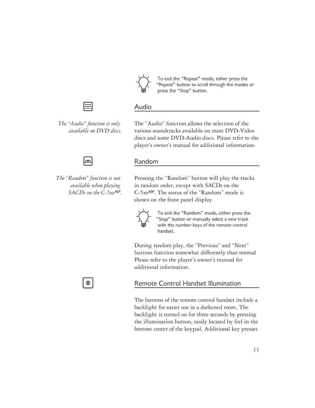 Ayre Acoustics Backlit Remote owner manual Audio, Random, Remote Control Handset Illumination 